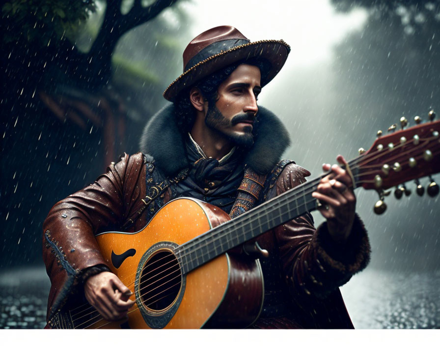 Man in vintage attire plays acoustic guitar in rain with blurred forest backdrop