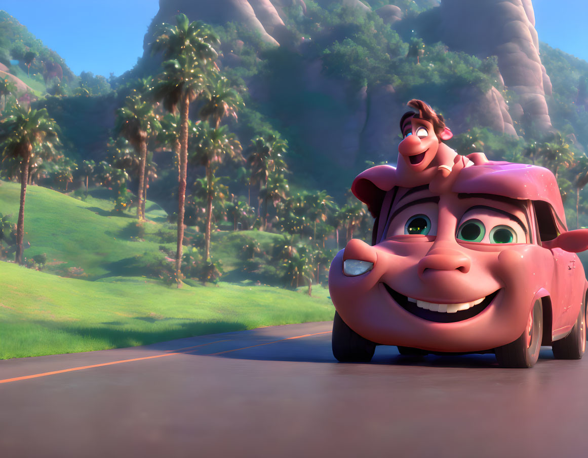 Animated character on pink car drives through sunny landscape