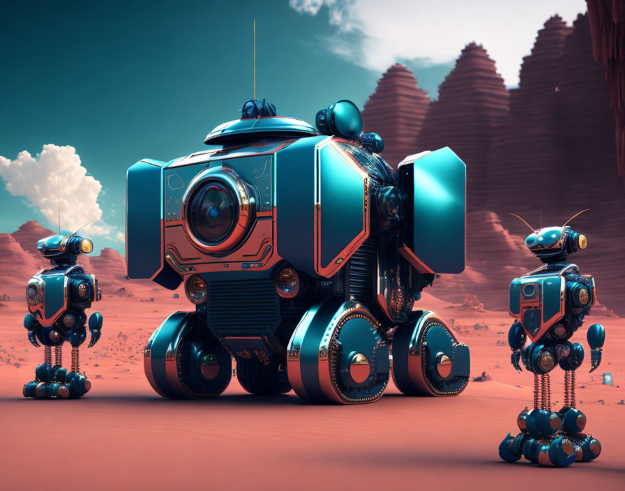 Stylized blue and black robots on red desert with rocky outcrops