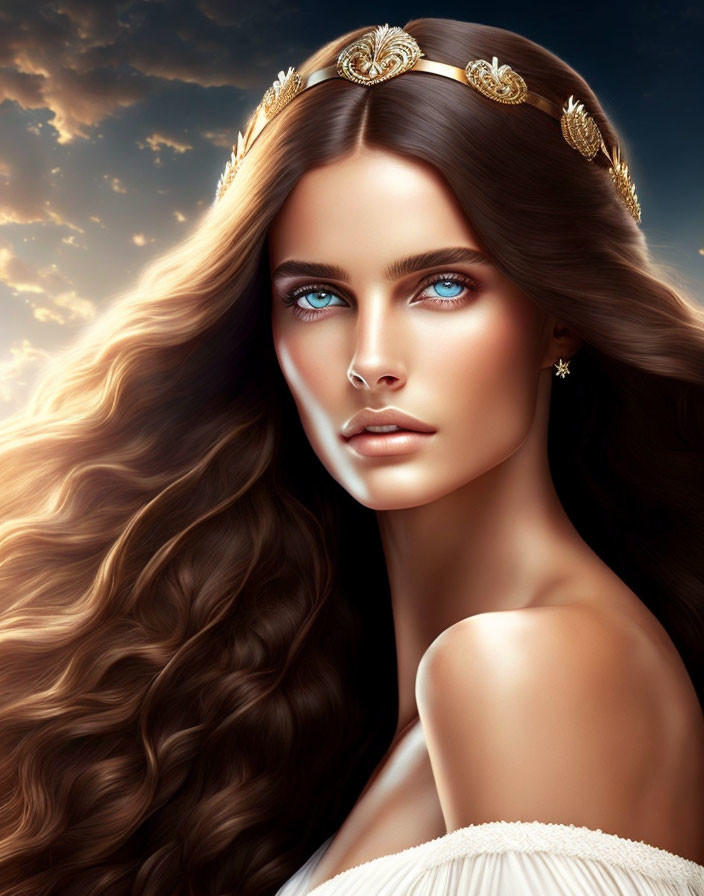 Digital illustration of woman with wavy hair, blue eyes, tiara, star earring in sky