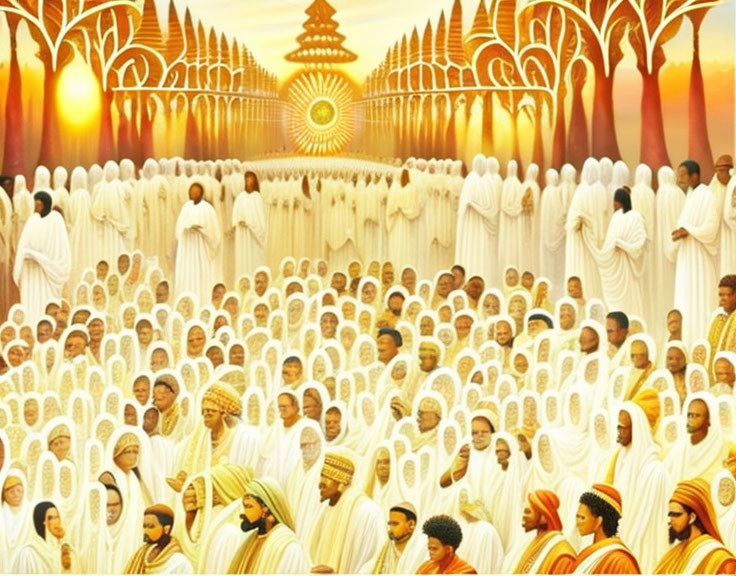 Heavenly Scene with Diverse Figures in White Robes