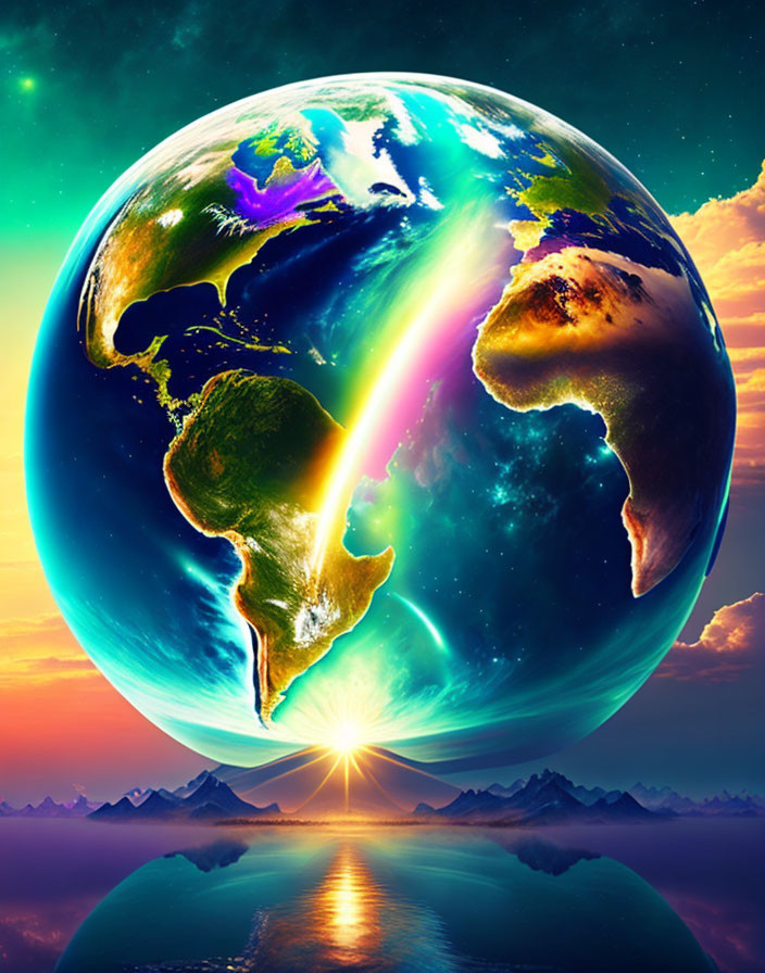 Colorful Earth depiction with rainbow, sunlight, mountains, and starlit sky