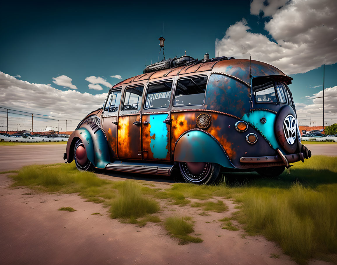 Rusted Vintage Volkswagen Van on Dusty Field Under Cloudy Sky