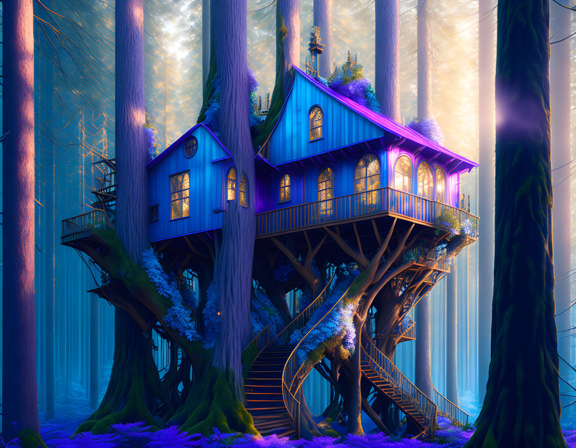 Blue treehouse with purple roof in forest sunlight