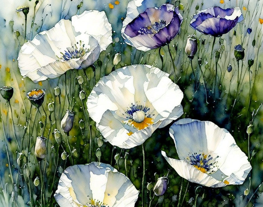 Colorful Watercolor Painting of White Poppies with Purple Accents