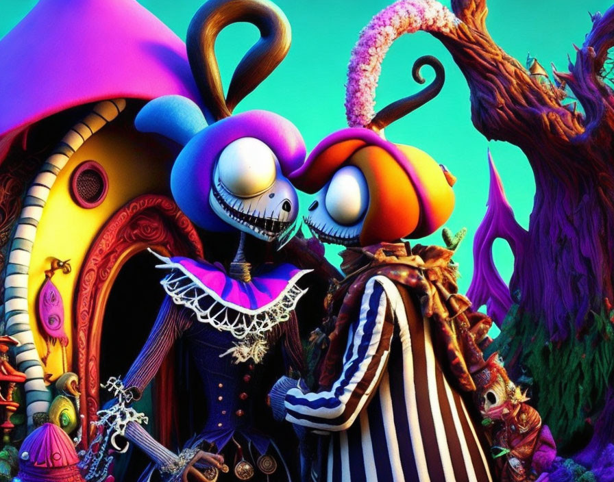 Whimsical embrace of animated skeleton characters by quirky house