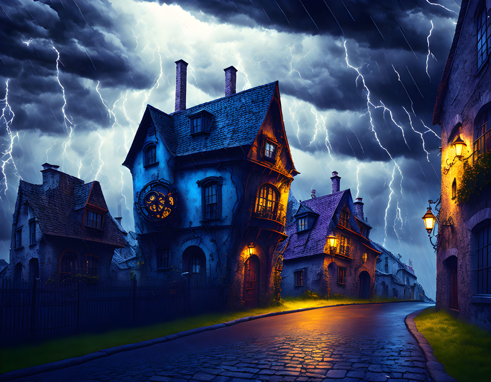 Quaint village cobblestone street under lightning-streaked night sky