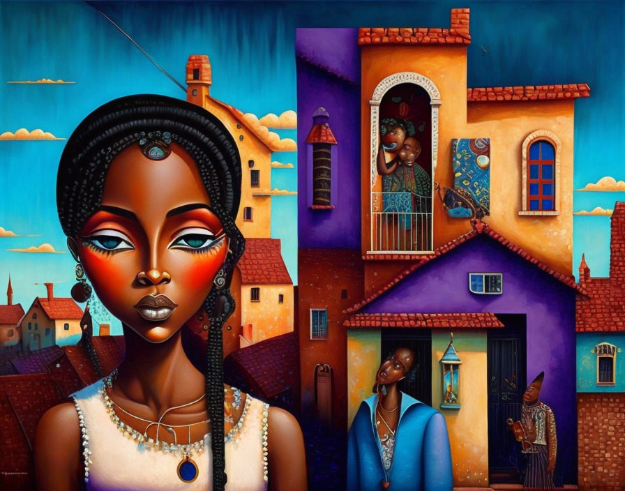 Colorful African Scene with Expressive Figures and Buildings