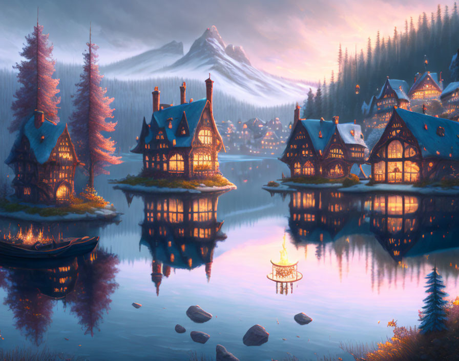 Tranquil twilight lakeside with cozy houses, pine trees, mountains, and boat