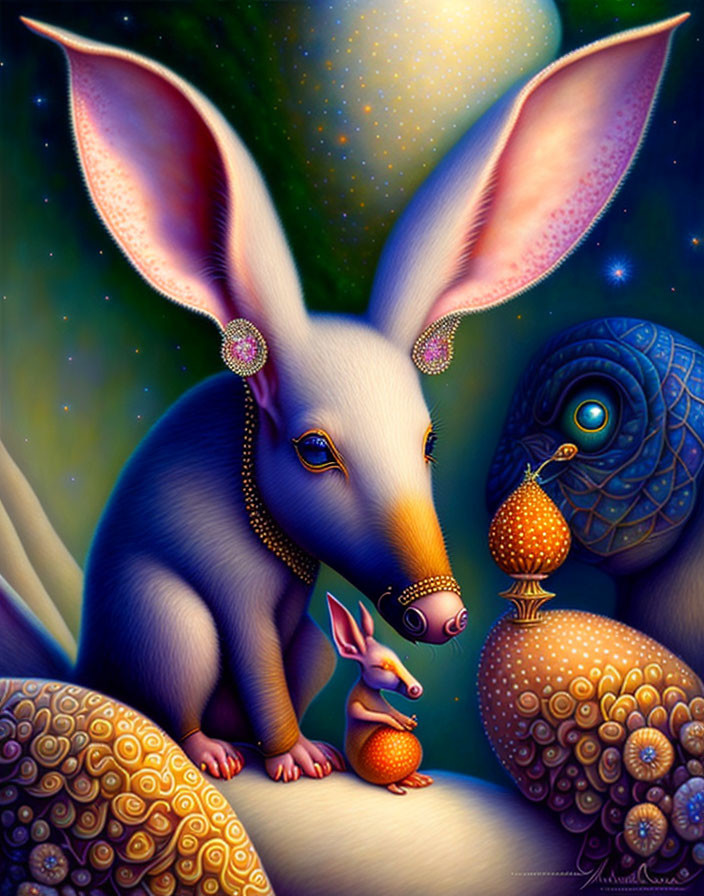 Whimsical digital artwork: Oversized rabbit with jewelry ears, sitting beside rabbit figure and patterned