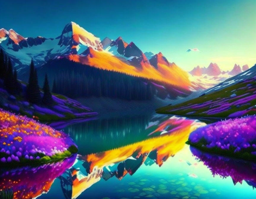 Scenic digital landscape with purple wildflowers, serene lake, and snow-capped mountains at sunrise