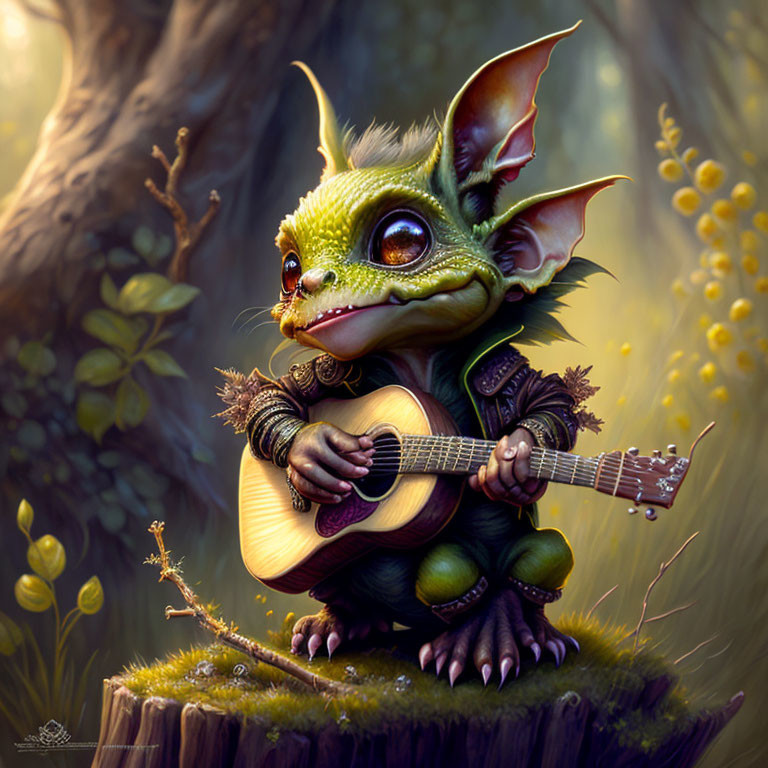 Green Creature Playing Guitar in Sunlit Forest Glade