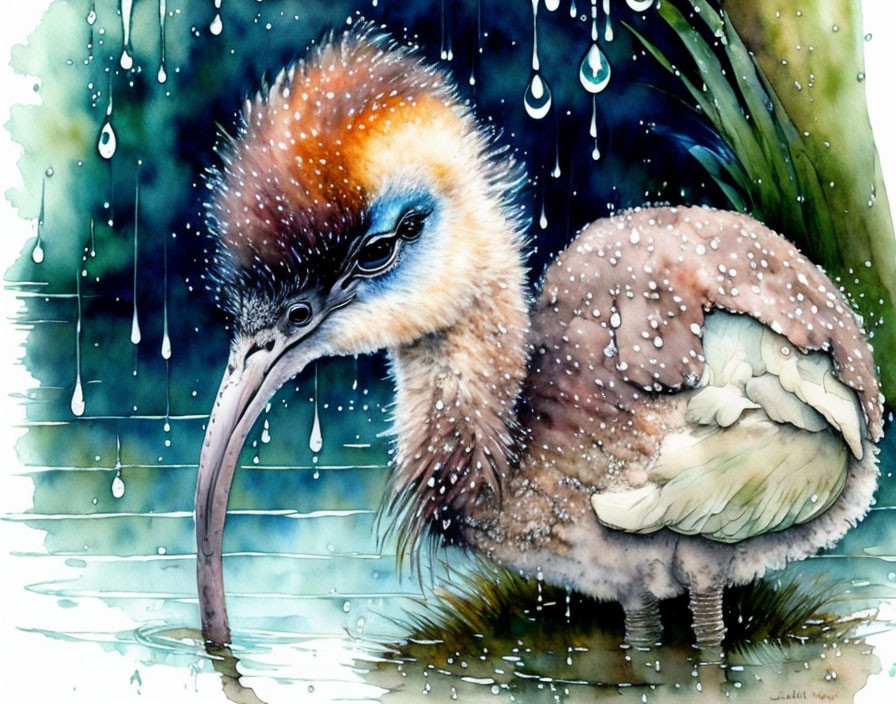 Kiwi Bird Watercolor Painting in Rain with Vibrant Hues