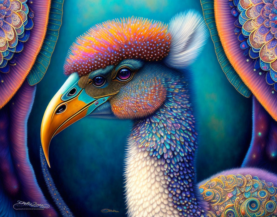 Colorful fantasy bird with ornate beak and textured plumage