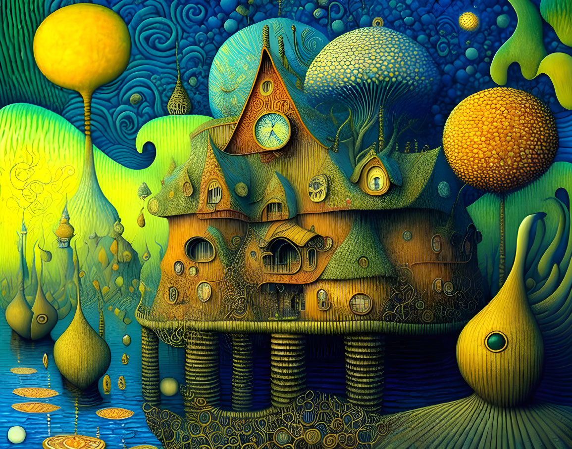 Vibrant surreal artwork: whimsical house, organic shapes, fantastical trees, floating elements,