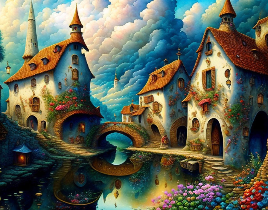 Whimsical fantasy village with stone bridge and lush flora