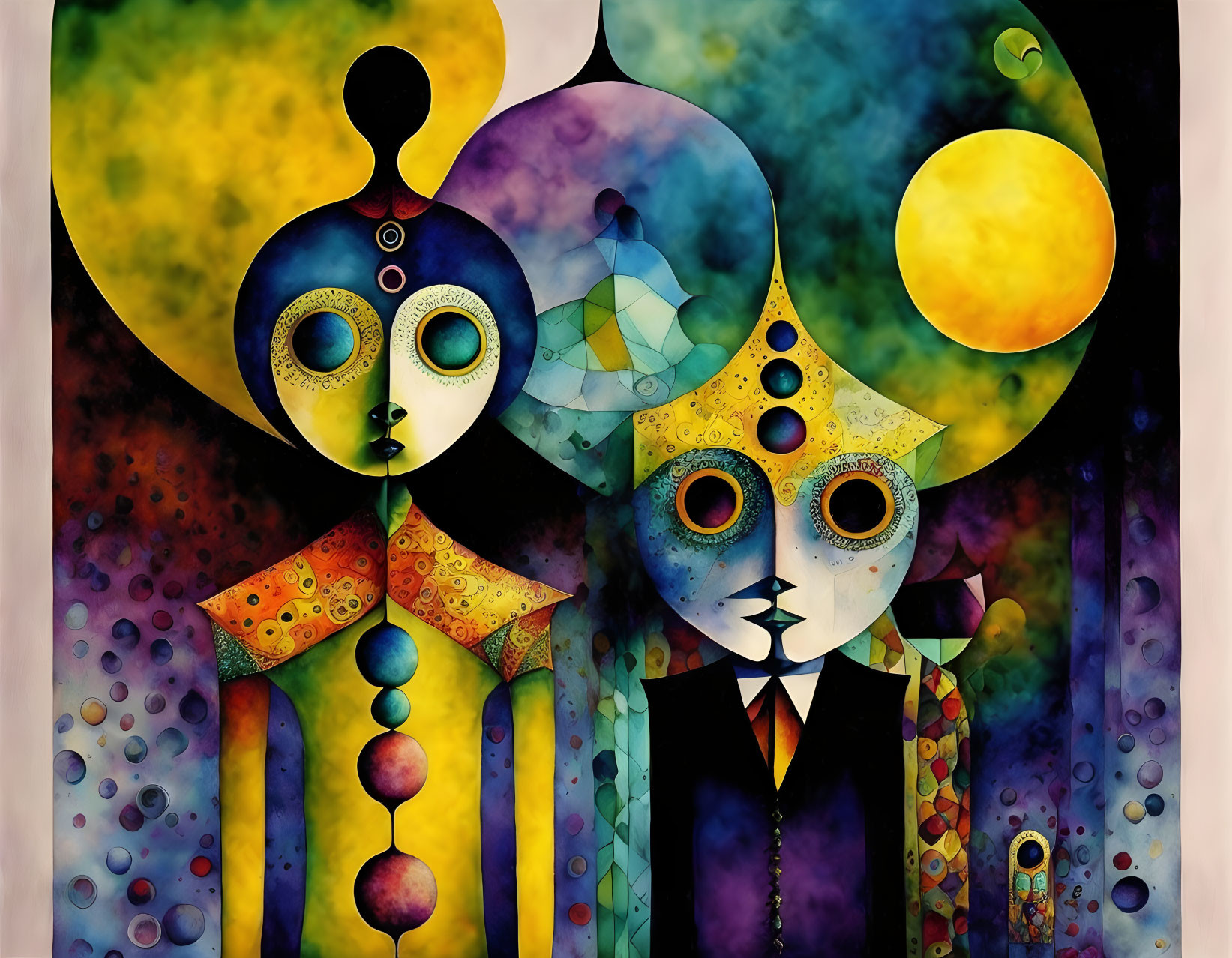 Colorful Surrealist Painting of Stylized Characters & Celestial Bodies