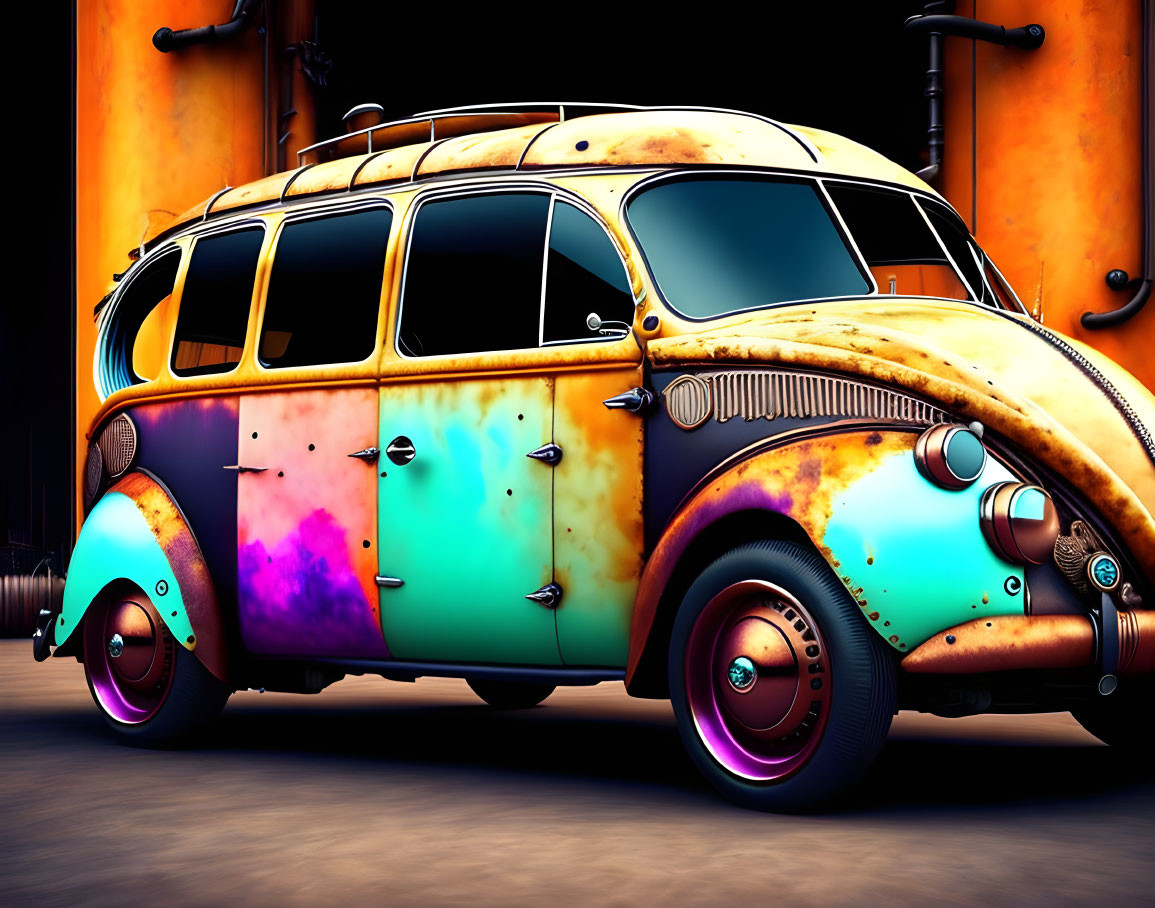 Vintage Bus with Psychedelic Paint Pattern Against Rusty Industrial Backdrop