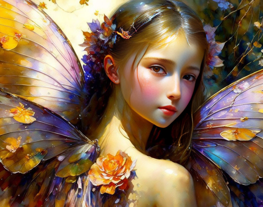 Young girl with translucent butterfly wings and flower adornments in fantastical portrait