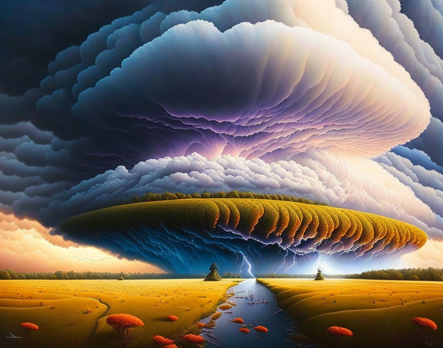 Surreal landscape with supercell thunderstorm and lightning