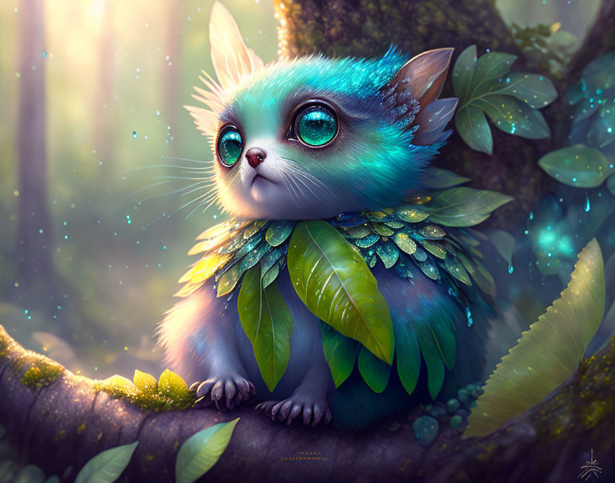 Blue Creature with Green Eyes Sitting on Tree Branch in Enchanted Forest