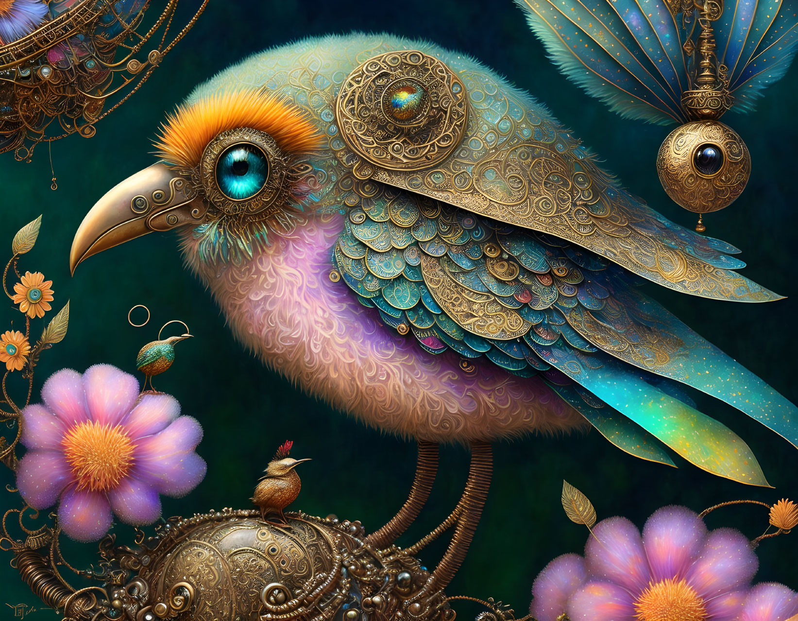 Colorful digital artwork: Mechanical bird with jewel-encrusted wings and metallic body among flowers and