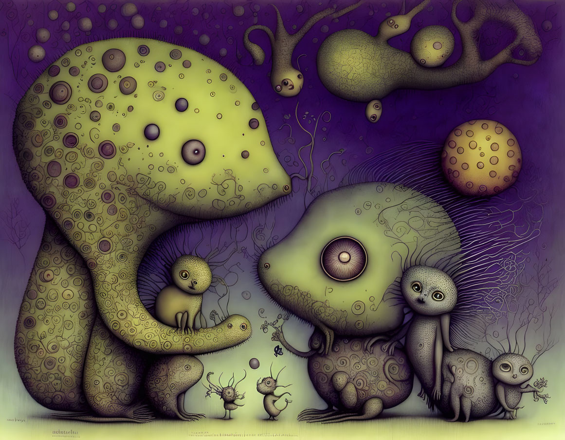 Surreal Artwork: Stylized Creatures, Large Eyes, Purple Background