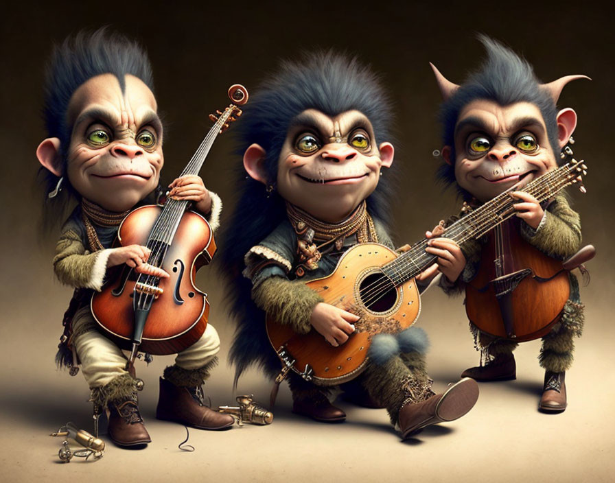 Three cartoon monkeys playing violin, guitar, and cello in whimsical attire