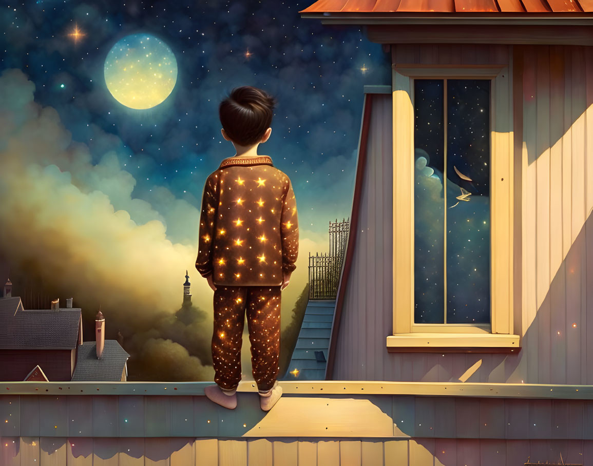 Child in pajamas gazes at starry night sky from balcony