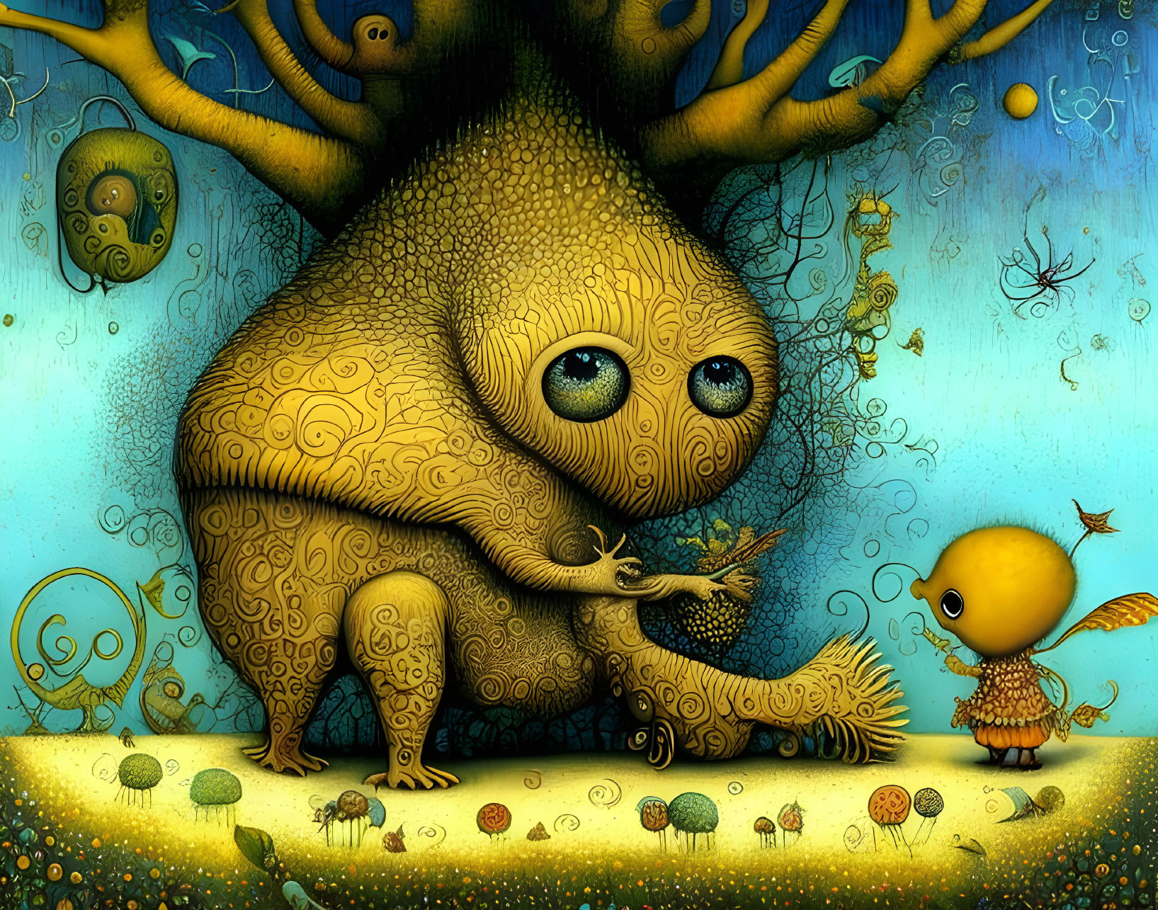 Illustration of large creature with ornate patterns under tree, interacting with smaller creature