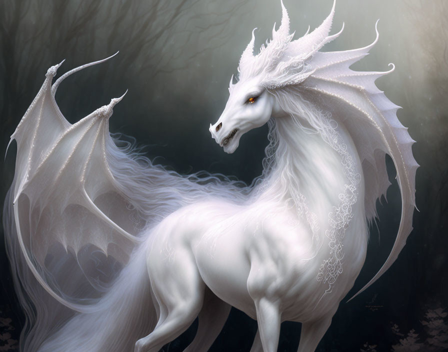 White Dragon-Horse Hybrid with Wings and Horns in Ethereal Forest