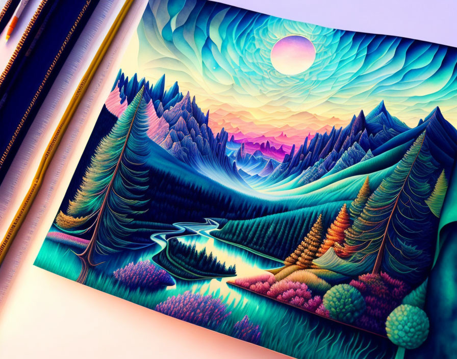 Colorful Layered Paper Art: Fantastical Landscape with Rivers, Trees, Sunset Sky