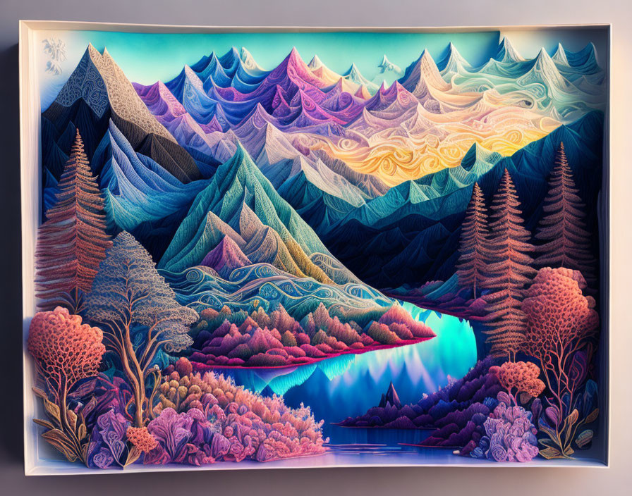 Colorful Landscape Painting with Hills, River, Trees, and Patterns