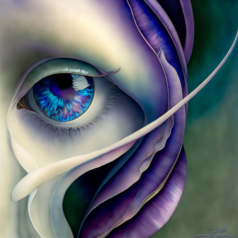 Digital artwork: Human eye merged with abstract floral elements in purple and blue