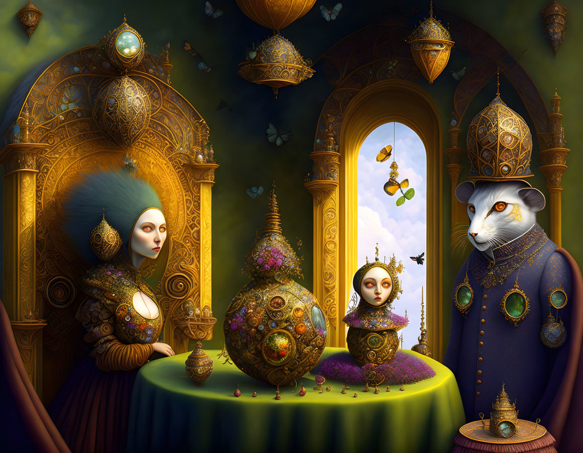 Surreal anthropomorphic regal characters in opulent setting