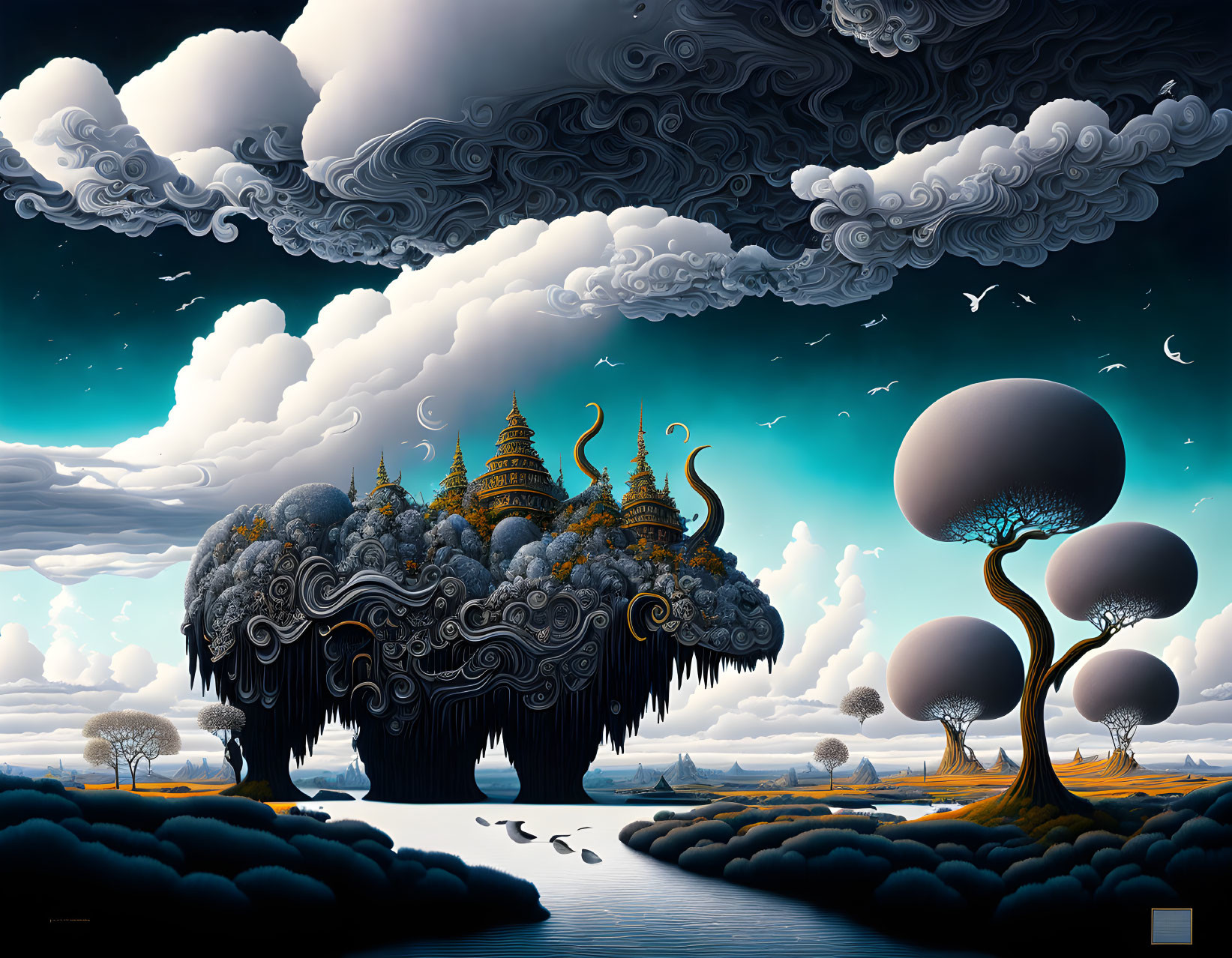 Surreal landscape featuring elephant-shaped island with temples, whimsical trees, and dramatic sky