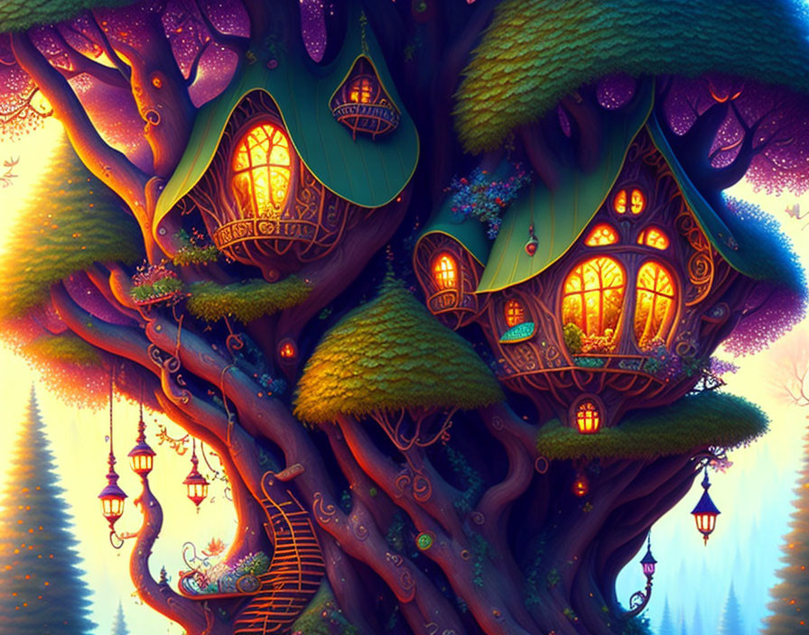 Magical forest treehouses with glowing windows and lanterns