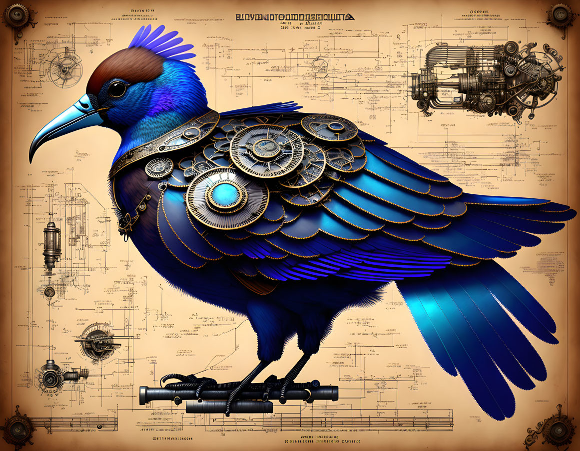 Steampunk-style mechanical bird on engineering blueprints