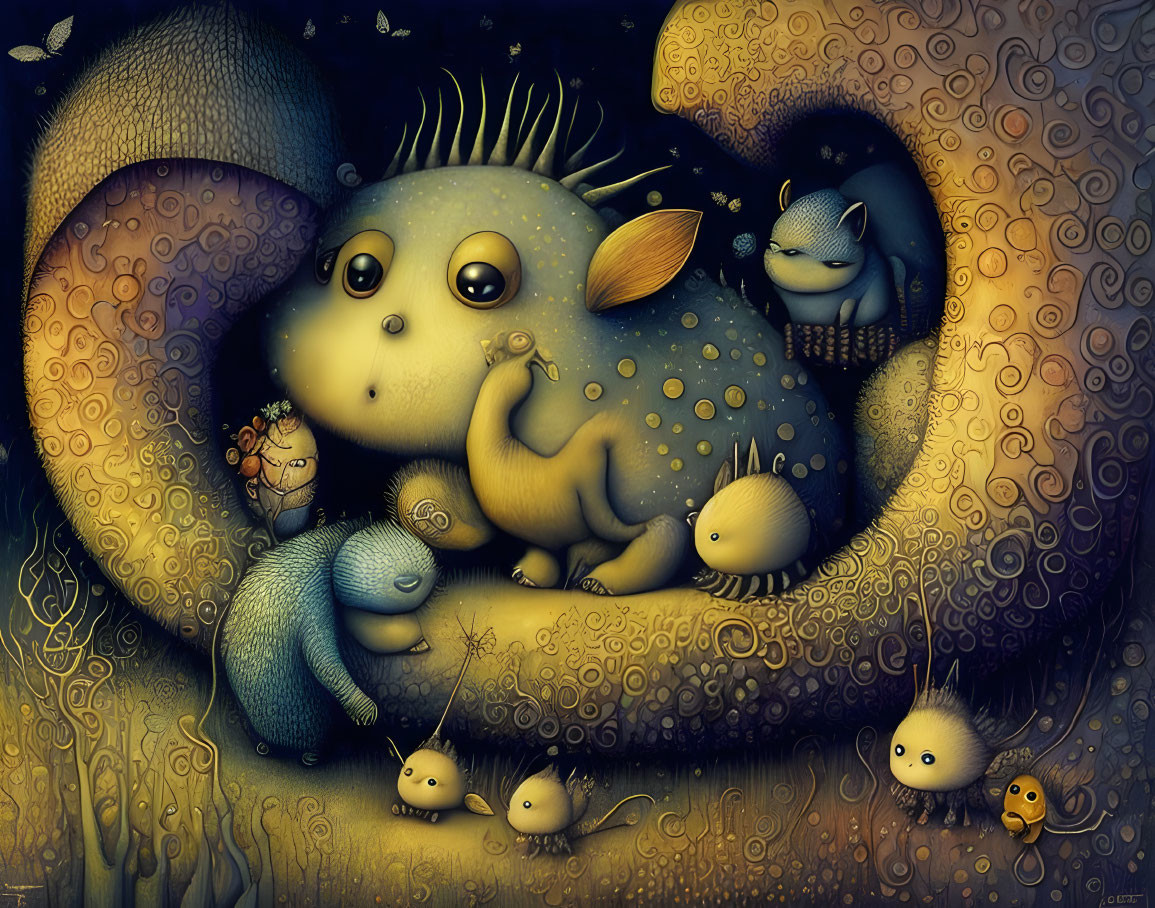 Whimsical creatures with big eyes in cozy, dimly-lit setting