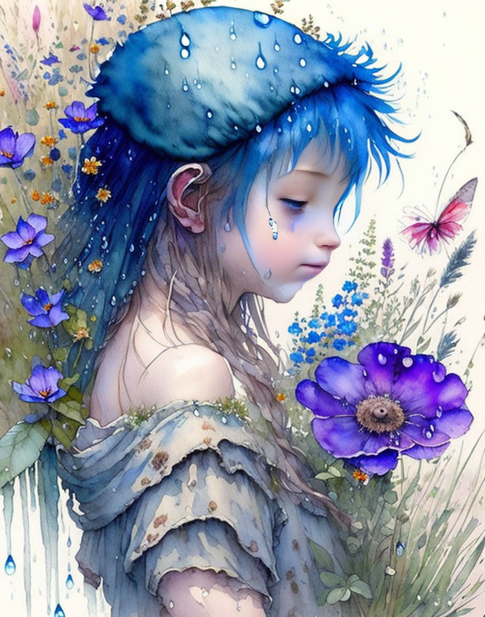 Illustration: Blue-haired girl with flowers, butterfly, water droplets - whimsical fantasy vibe