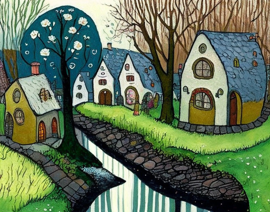 Curved houses in a whimsical village among green hills and trees