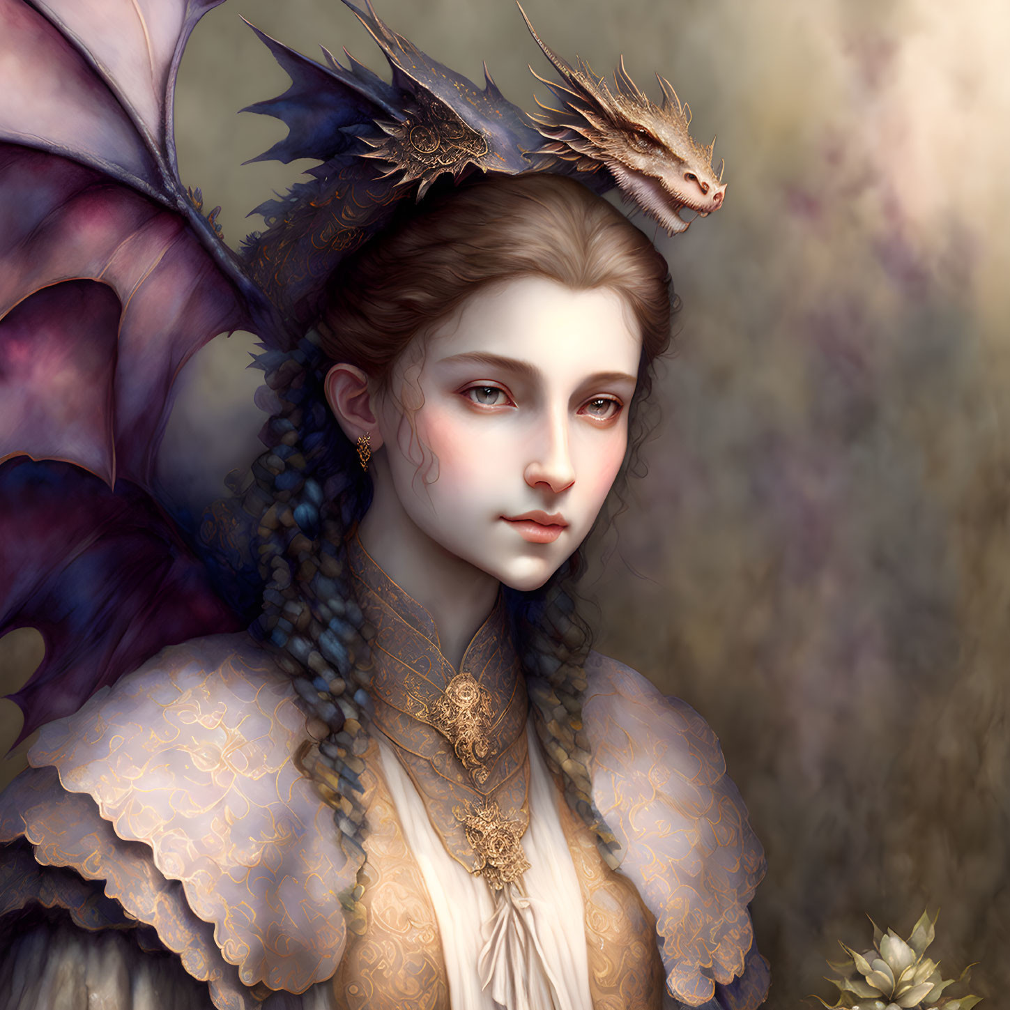 Portrait of young woman with dragon-like features and regal costume