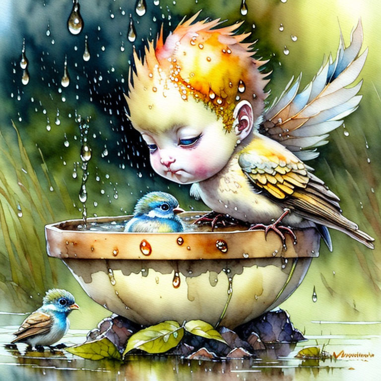 Child with bird-like features in bowl surrounded by birds under gentle rainfall among greenery