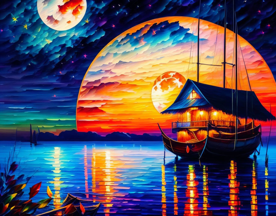 Colorful painting: Boat on lake at sunset with dual moons, starry sky