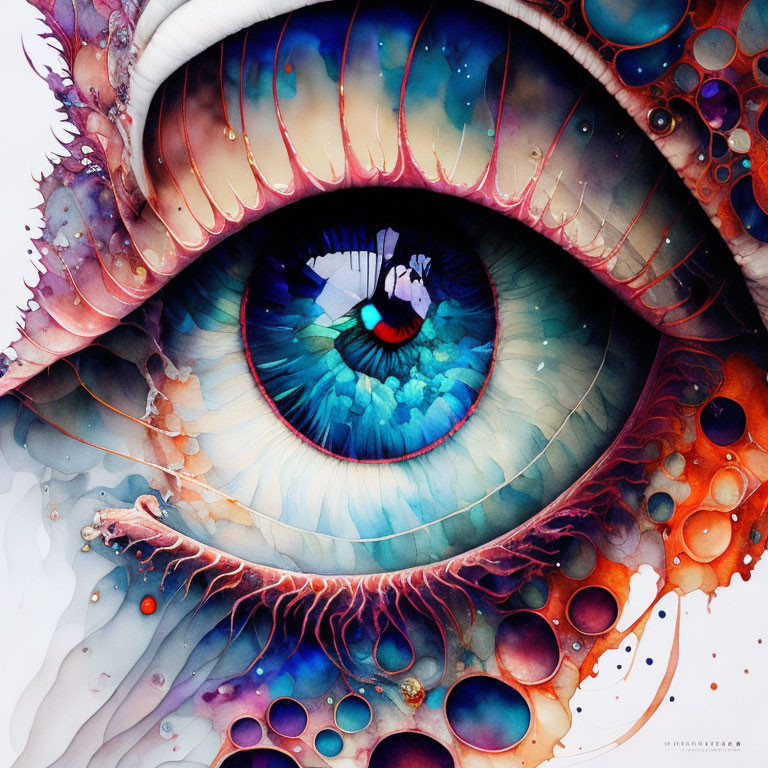 Detailed surreal human eye illustration with vivid colors and cosmic patterns