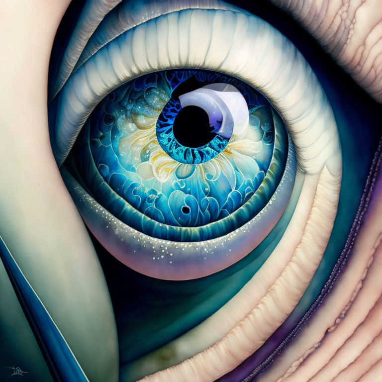 Detailed Close-Up Illustration of Human Eye with Swirling Patterns and Blue Iris