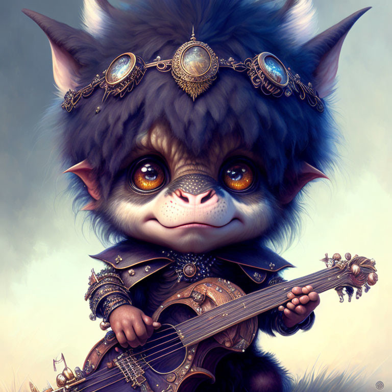 Fantasy creature in headpiece and armor playing stringed instrument