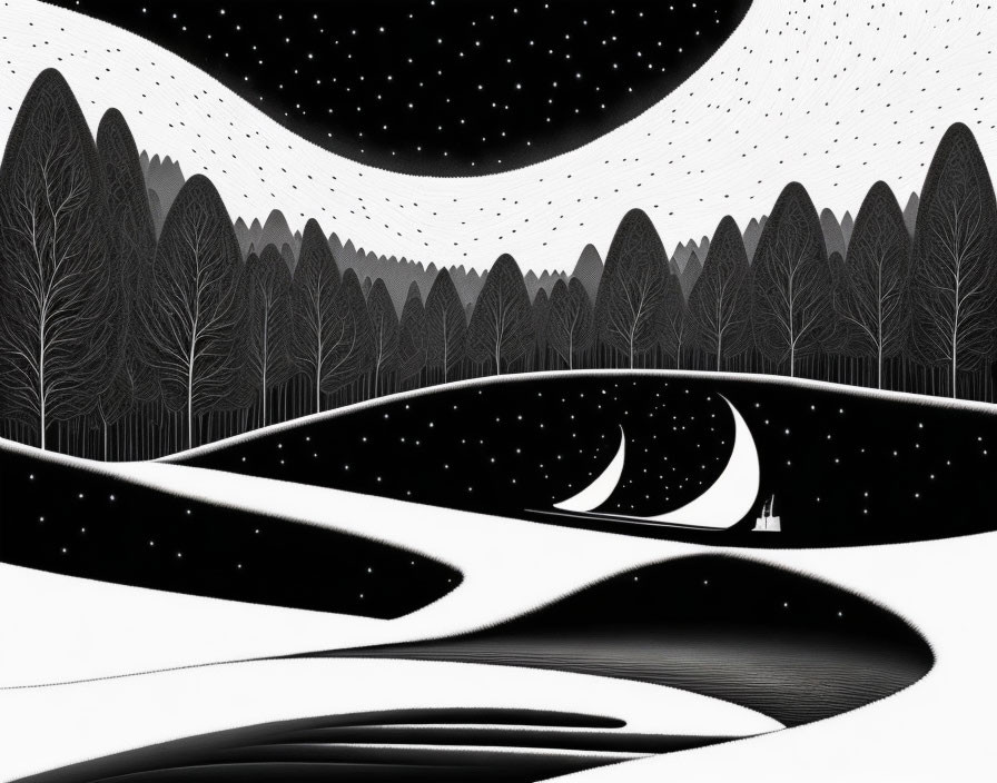 Monochrome landscape with stylized trees, hills, and crescent moon.