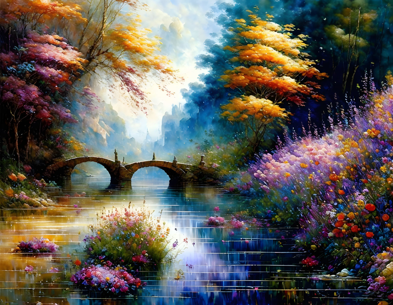 Serene river painting with stone bridge and lush foliage