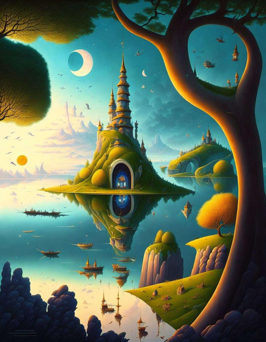 Fantastical landscape with towering castle, floating islands, twin moons, serene waters